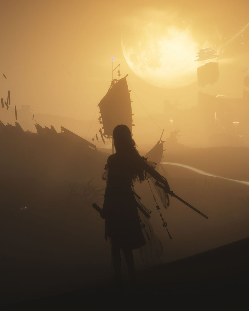 Swordsman performing a form at dusk